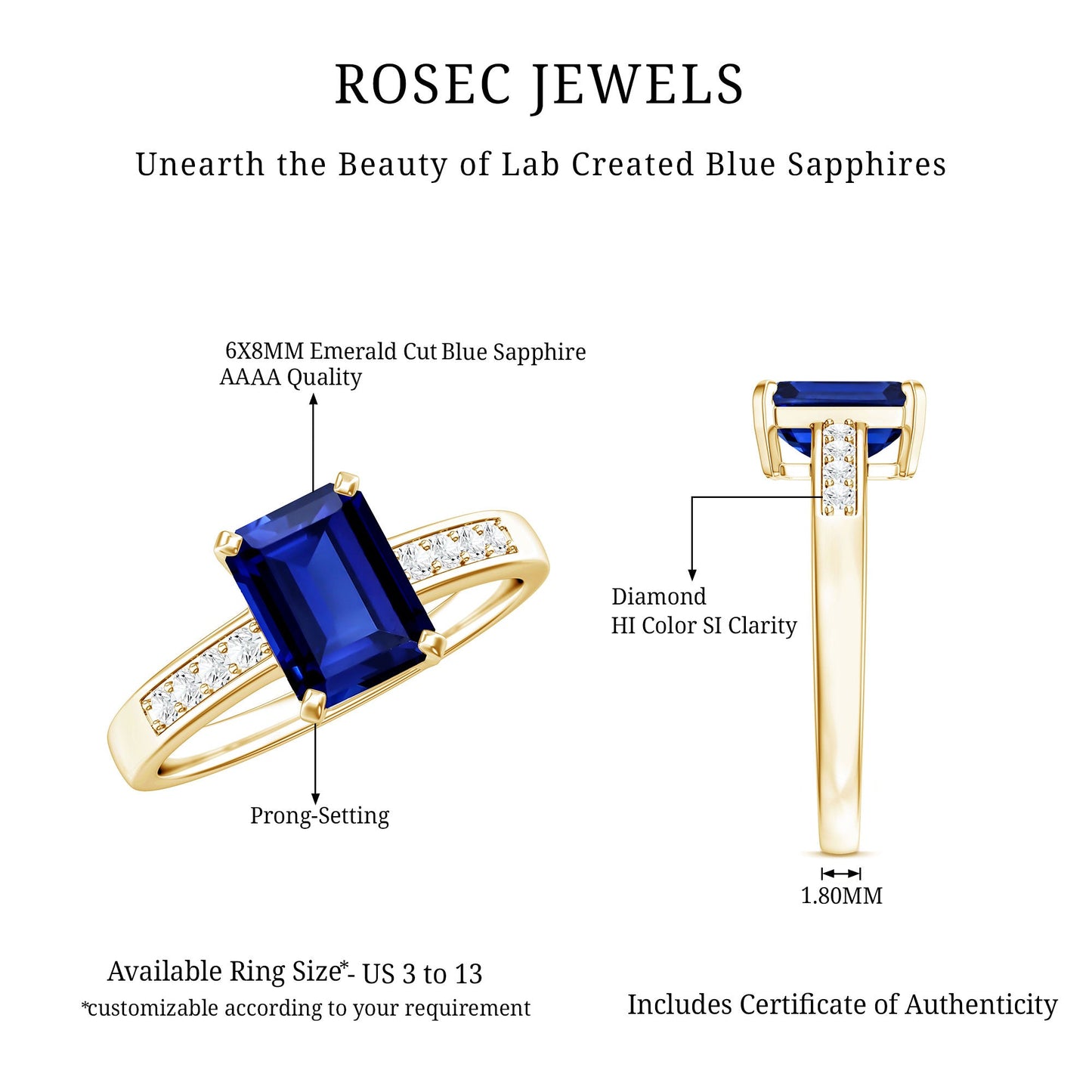 Certified 1.75 Carat Emerald Cut Lab Grown Blue Sapphire Engagement Ring with Diamond