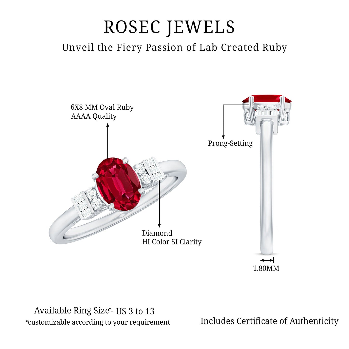 Classic Lab Grown Ruby Engagement Ring with Diamond Stones
