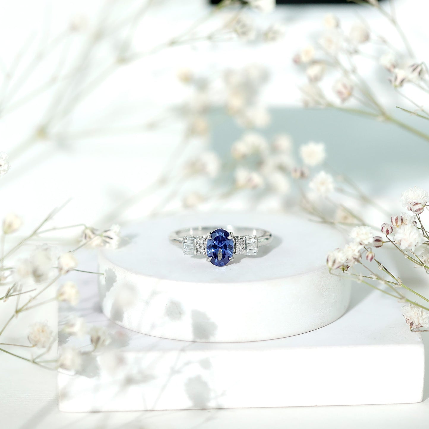Certified 1 Carat Lab Grown Blue Sapphire Oval Engagement Ring with Diamond