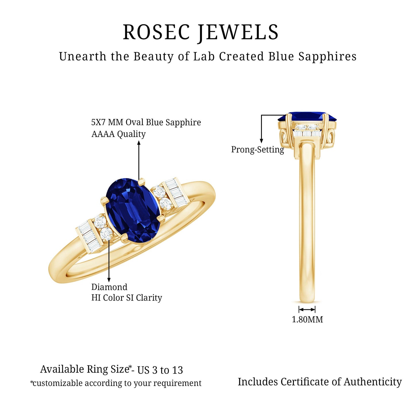 Certified 1 Carat Lab Grown Blue Sapphire Oval Engagement Ring with Diamond