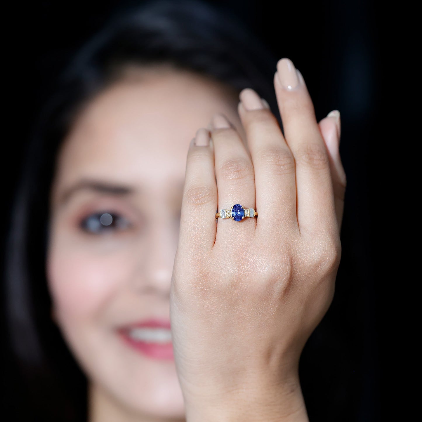 Certified 1 Carat Lab Grown Blue Sapphire Oval Engagement Ring with Diamond