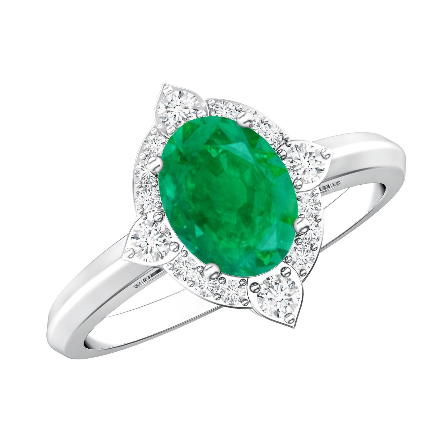 Vintage Looking Emerald Oval Engagement Ring with Diamond Halo