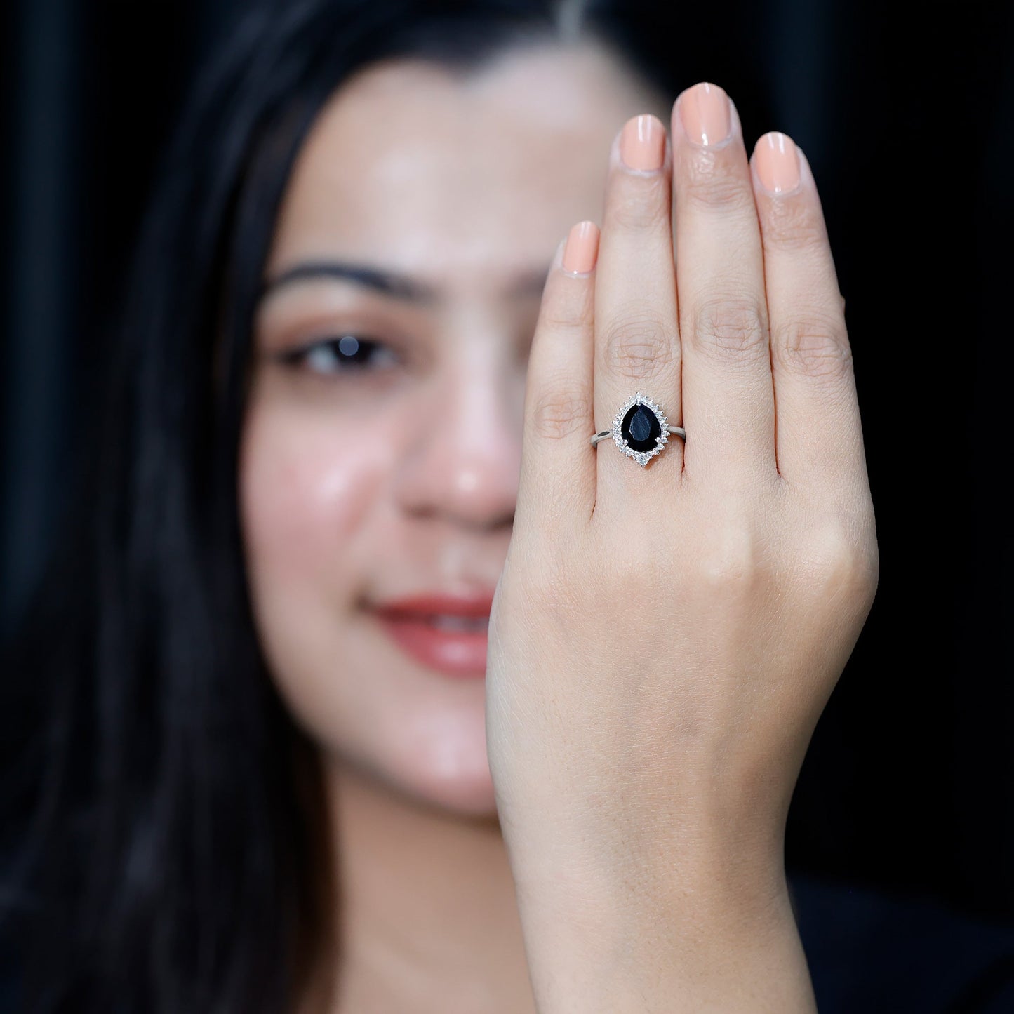 Certified 4.8 Carat Lab Grown Black Diamond Pear Shaped Engagement Ring with White Diamond Halo