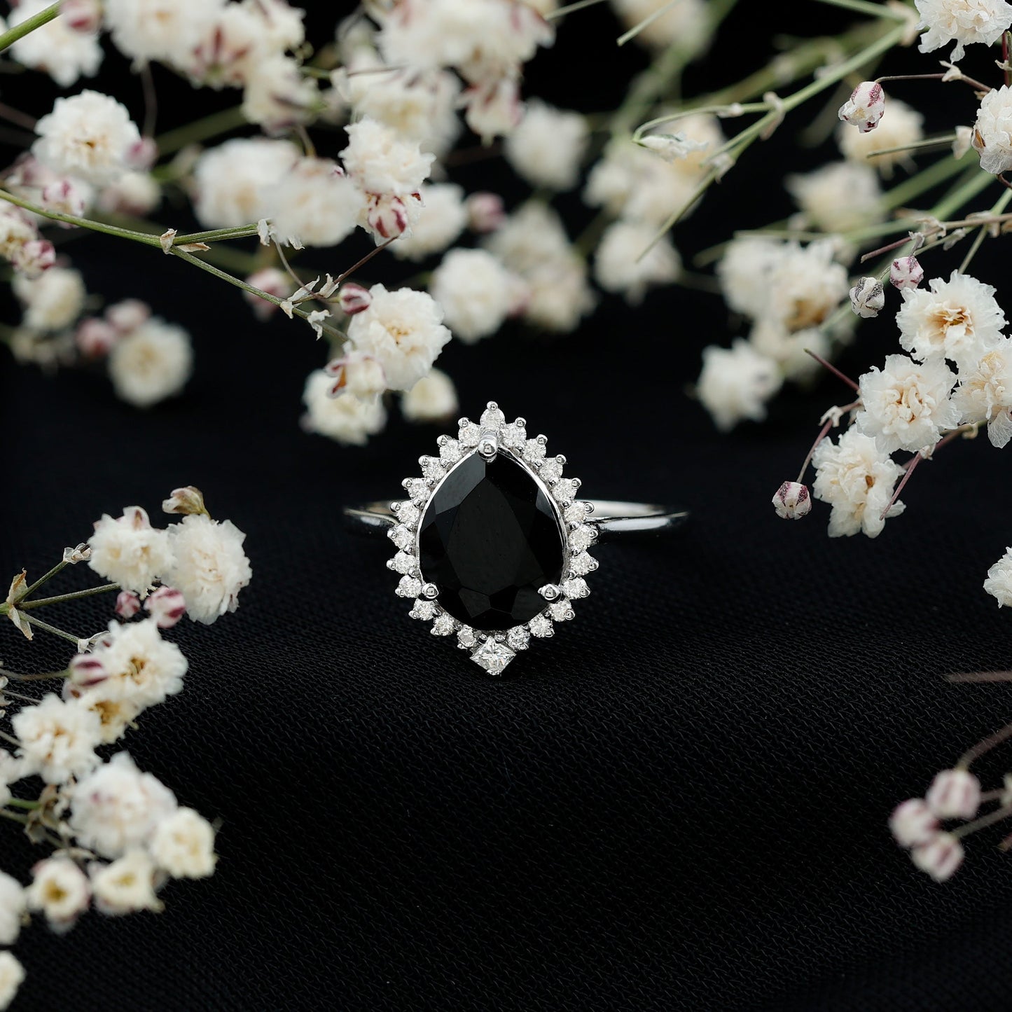 Certified 4.8 Carat Lab Grown Black Diamond Pear Shaped Engagement Ring with White Diamond Halo