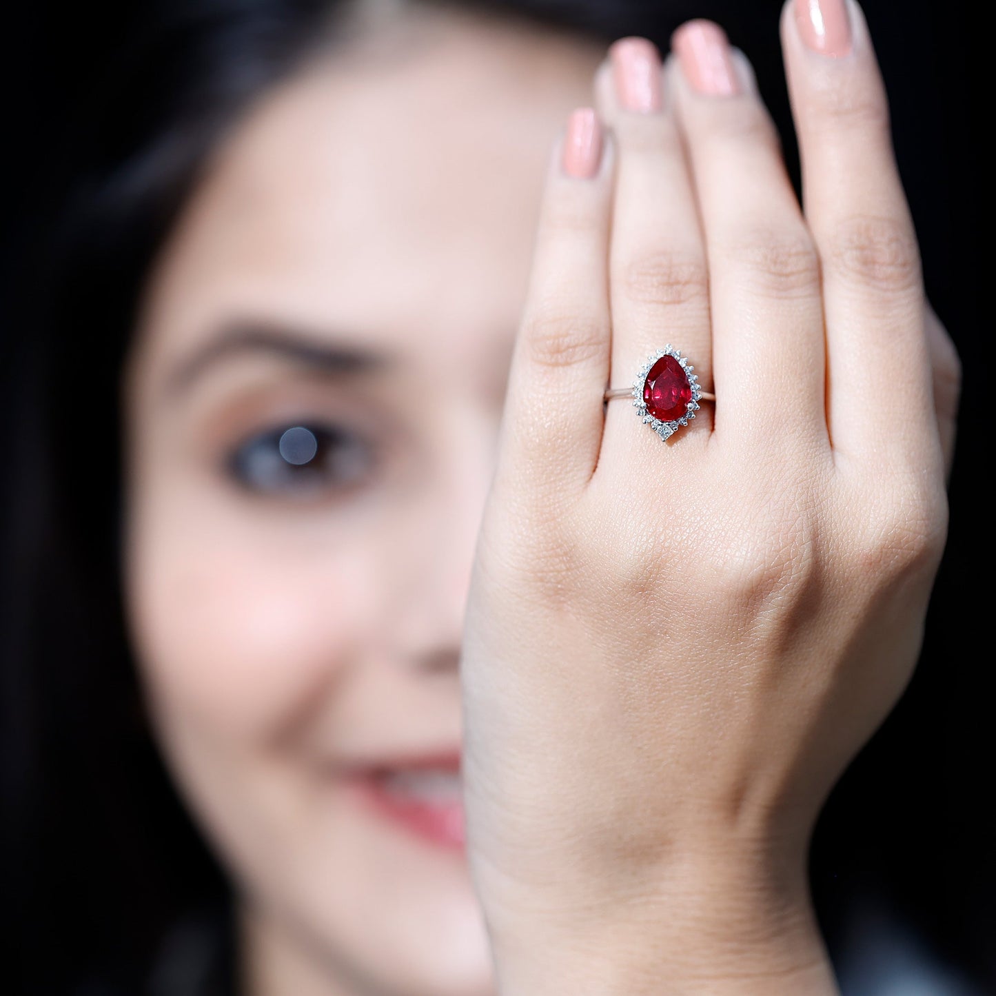 Lab Ruby Teardrop Engagement Ring with Diamond Halo