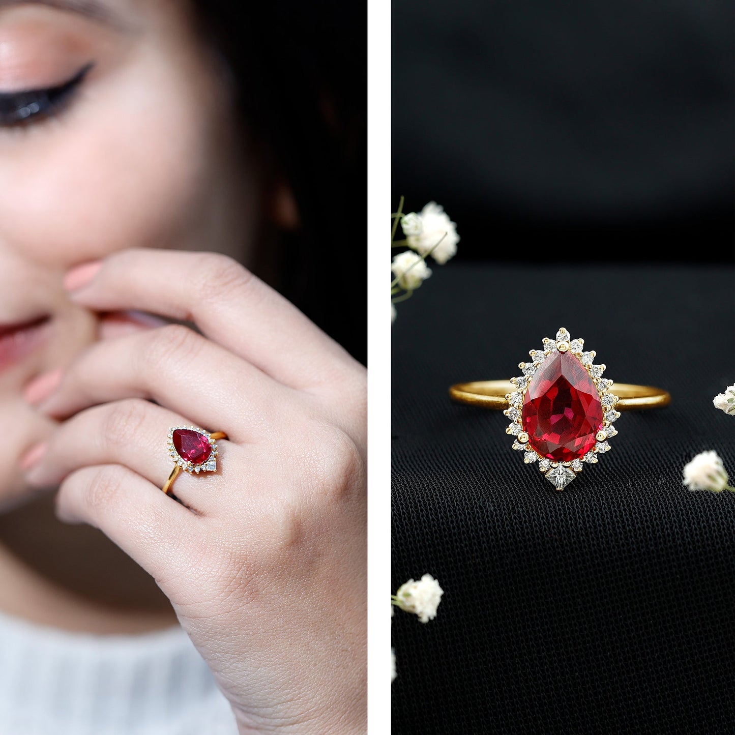 Lab Ruby Teardrop Engagement Ring with Diamond Halo