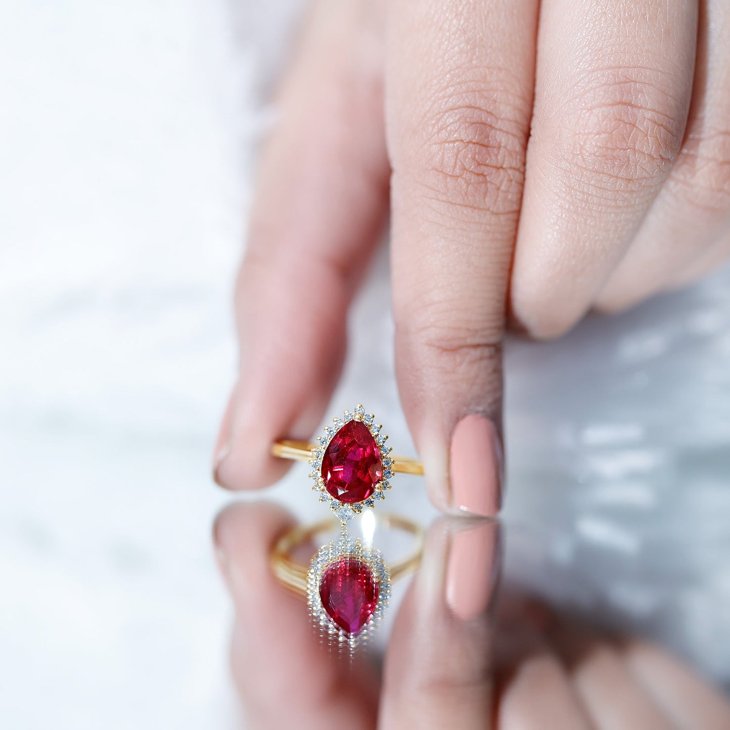 Lab Ruby Teardrop Engagement Ring with Diamond Halo
