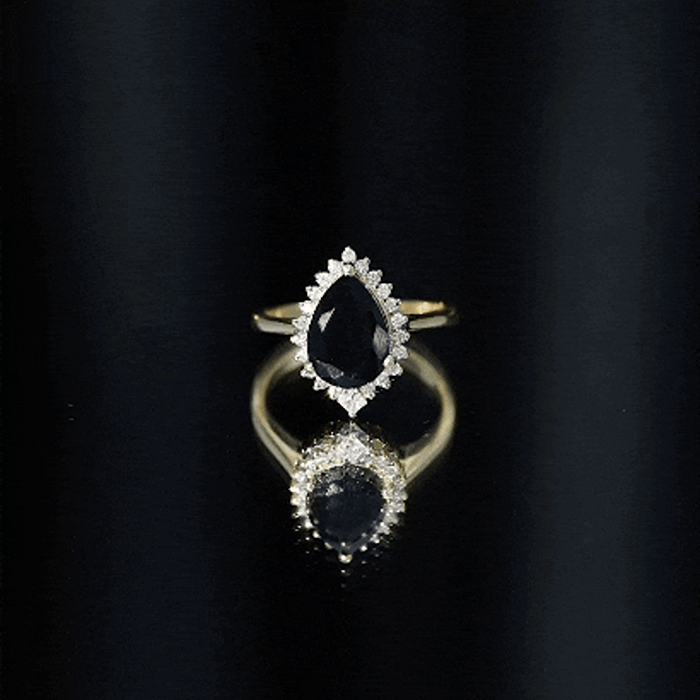 Pear Shaped Black Onyx Big Engagement Ring with Diamond Halo