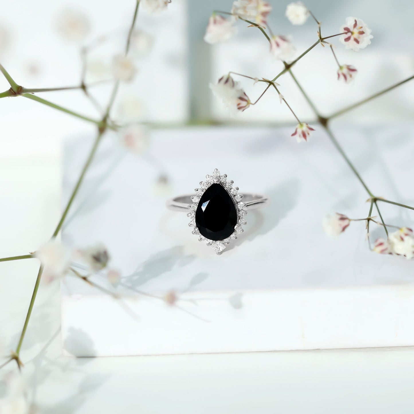 Pear Shaped Black Onyx Big Engagement Ring with Diamond Halo