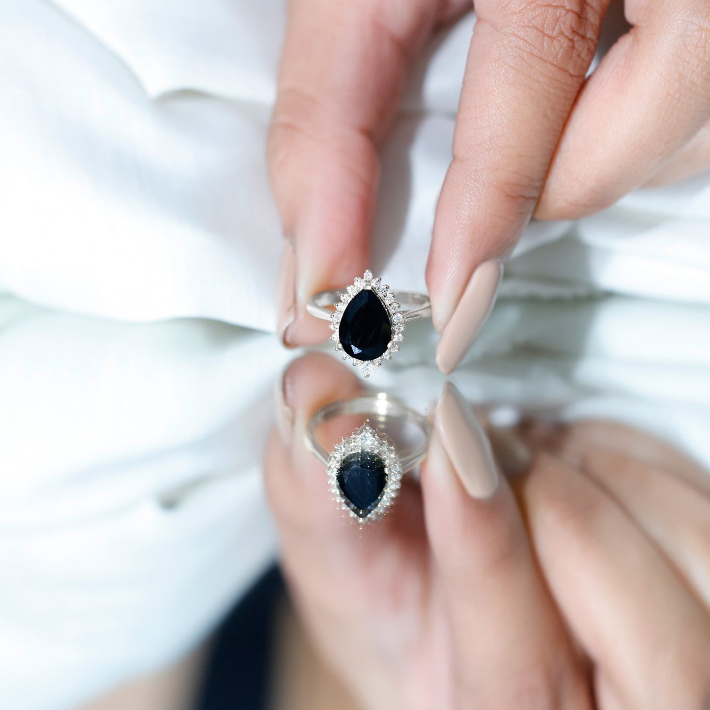 Pear Shaped Black Onyx Big Engagement Ring with Diamond Halo
