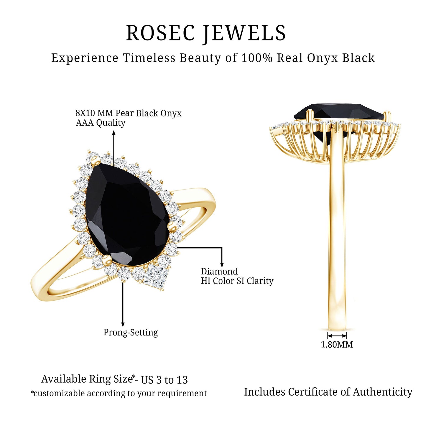 Pear Shaped Black Onyx Big Engagement Ring with Diamond Halo