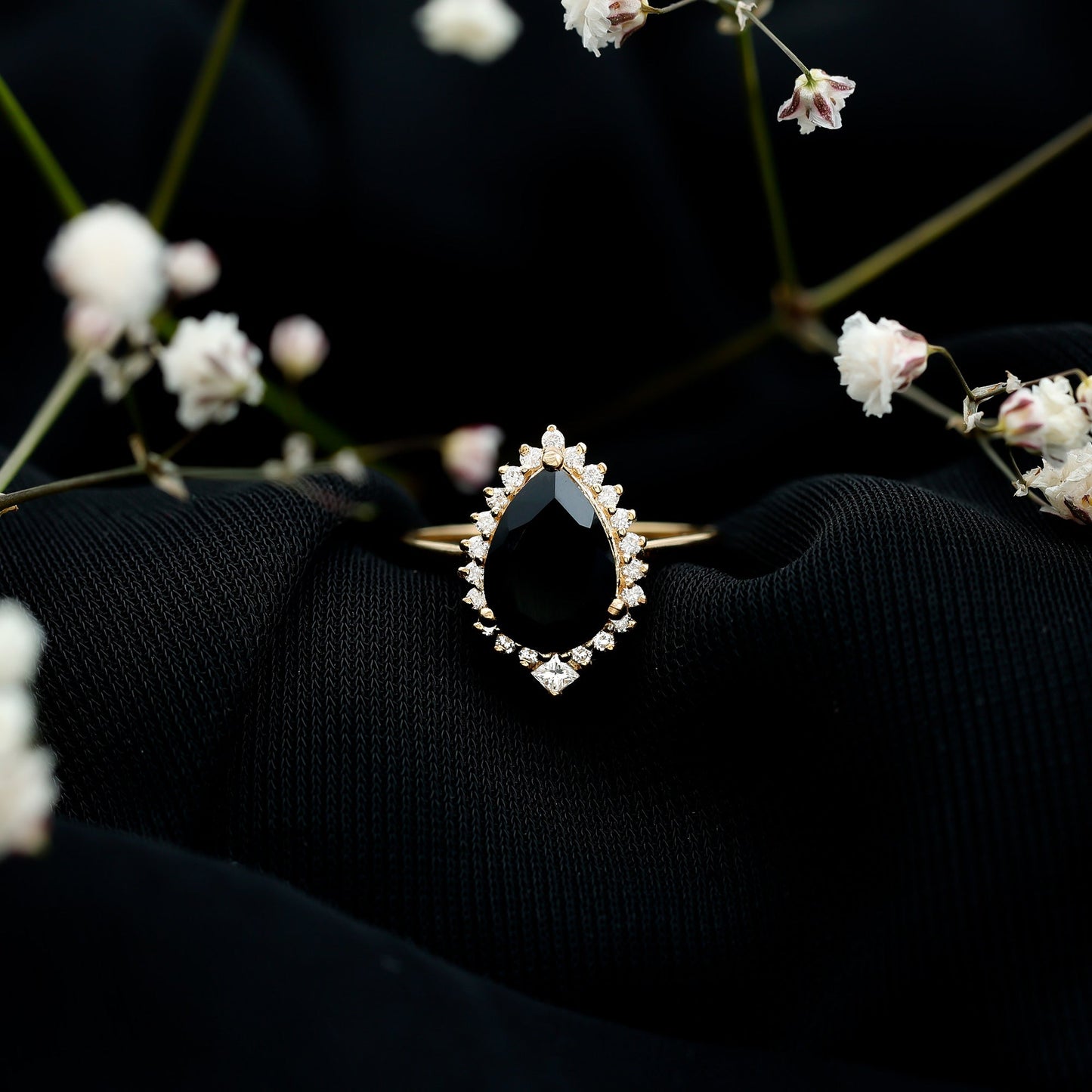 Pear Shaped Black Onyx Big Engagement Ring with Diamond Halo