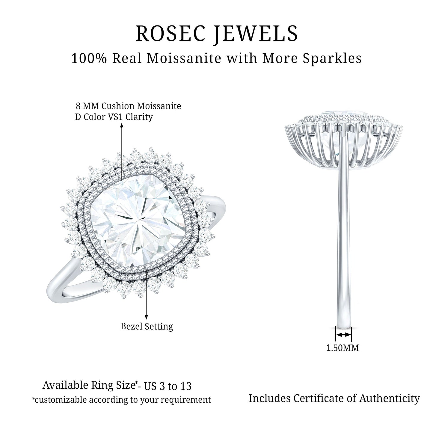 Certified Moissanite Cushion Cut Engagement Ring with Beaded Detail