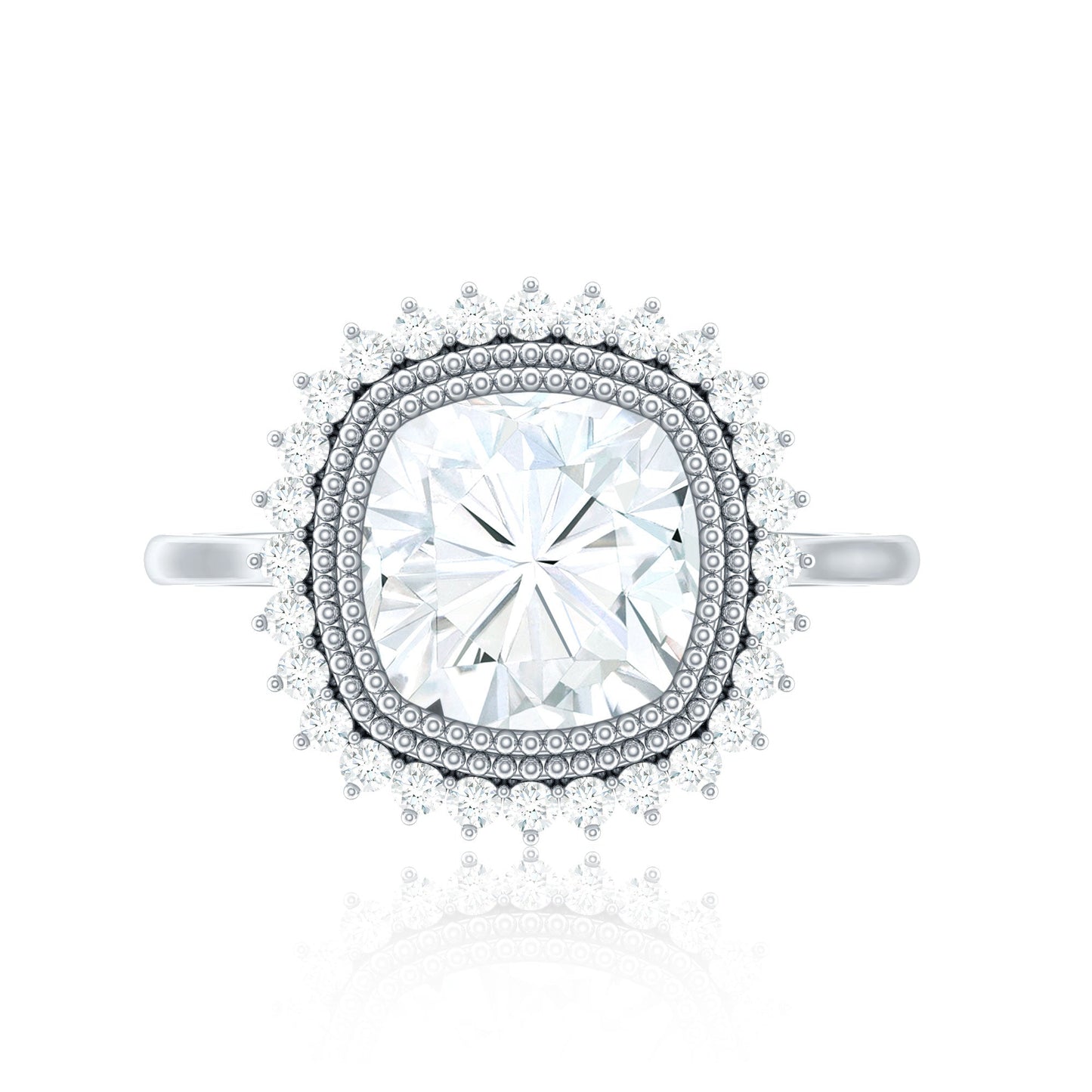 Certified Moissanite Cushion Cut Engagement Ring with Beaded Detail
