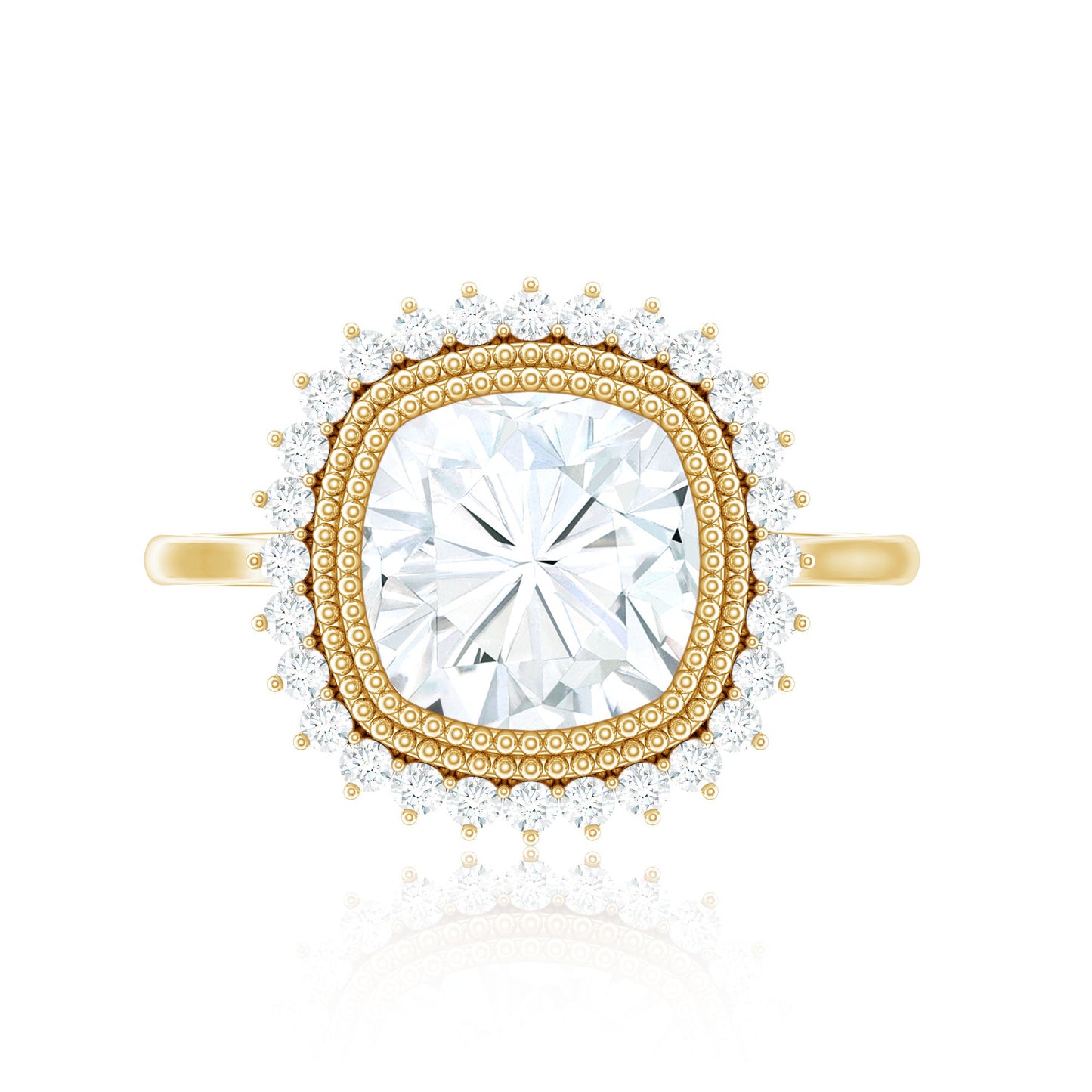 Certified Moissanite Cushion Cut Engagement Ring with Beaded Detail