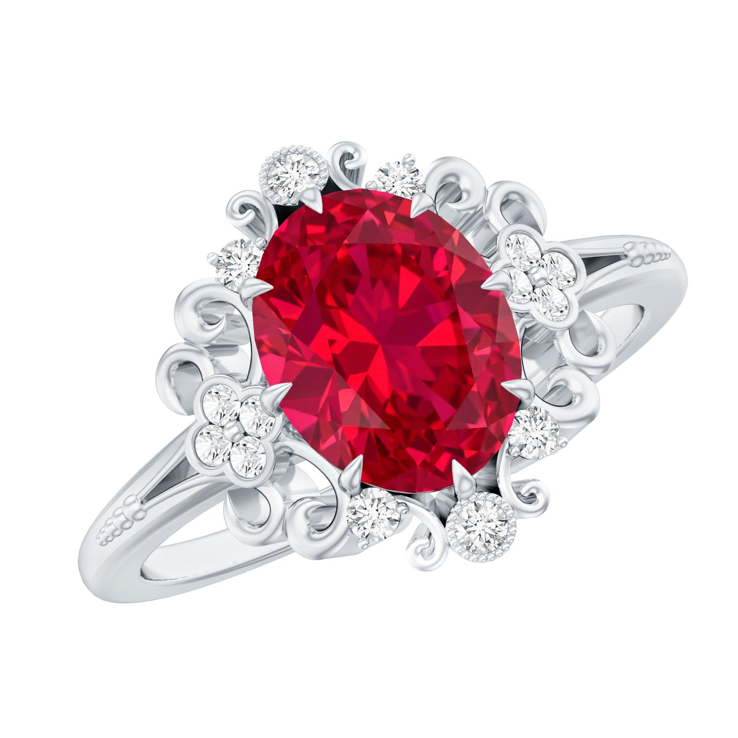 Vintage Inspired Lab Created Ruby and Diamond Engagement Ring