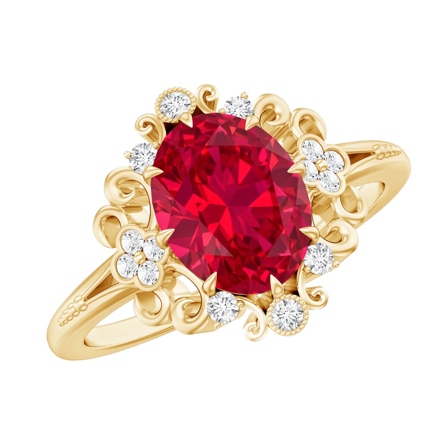 Vintage Inspired Lab Created Ruby and Diamond Engagement Ring
