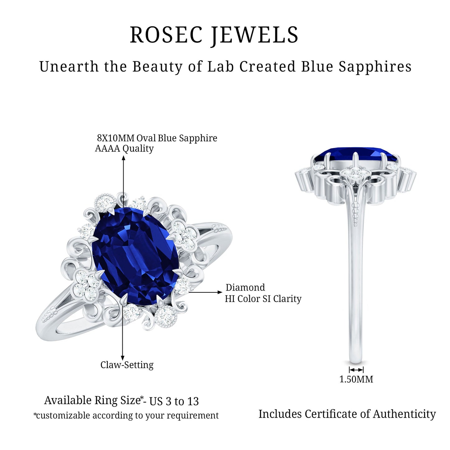 Vintage Style 4 Carat Oval Lab Grown Blue Sapphire Engagement Ring with Diamond