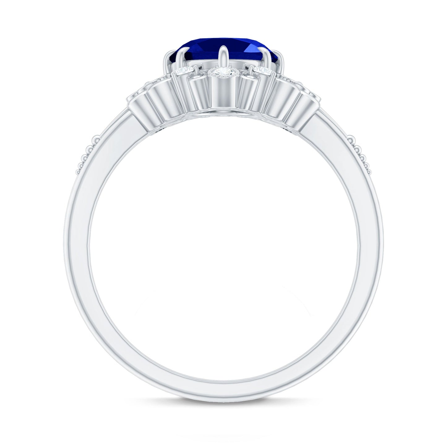 Vintage Style 4 Carat Oval Lab Grown Blue Sapphire Engagement Ring with Diamond