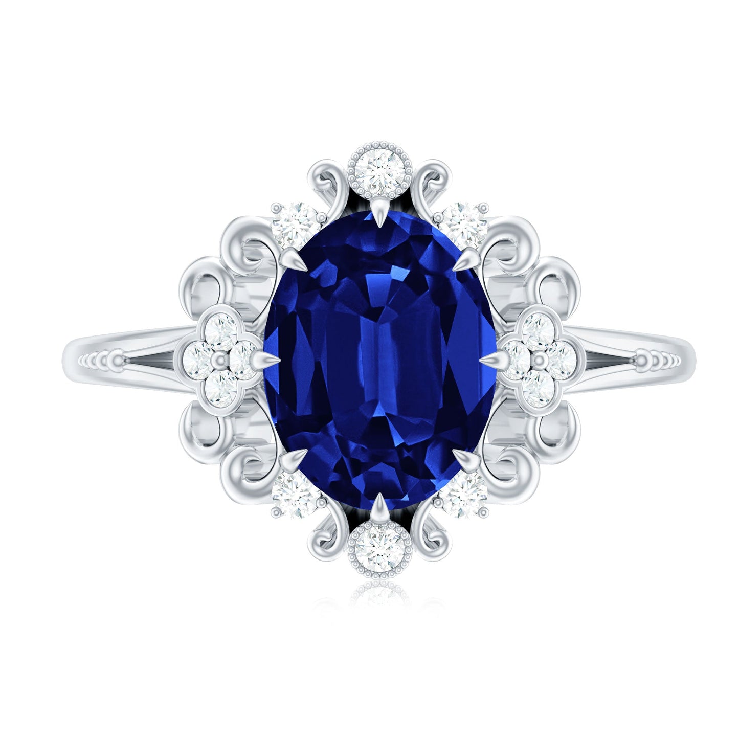 Vintage Style 4 Carat Oval Lab Grown Blue Sapphire Engagement Ring with Diamond