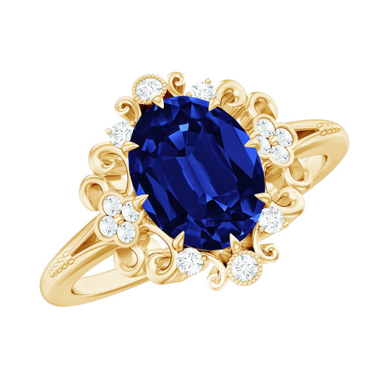 Vintage Style 4 Carat Oval Lab Grown Blue Sapphire Engagement Ring with Diamond