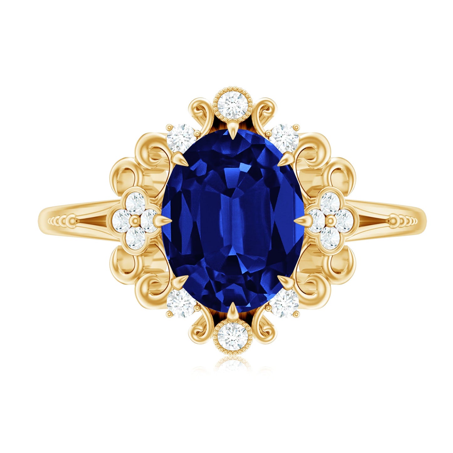 Vintage Style 4 Carat Oval Lab Grown Blue Sapphire Engagement Ring with Diamond