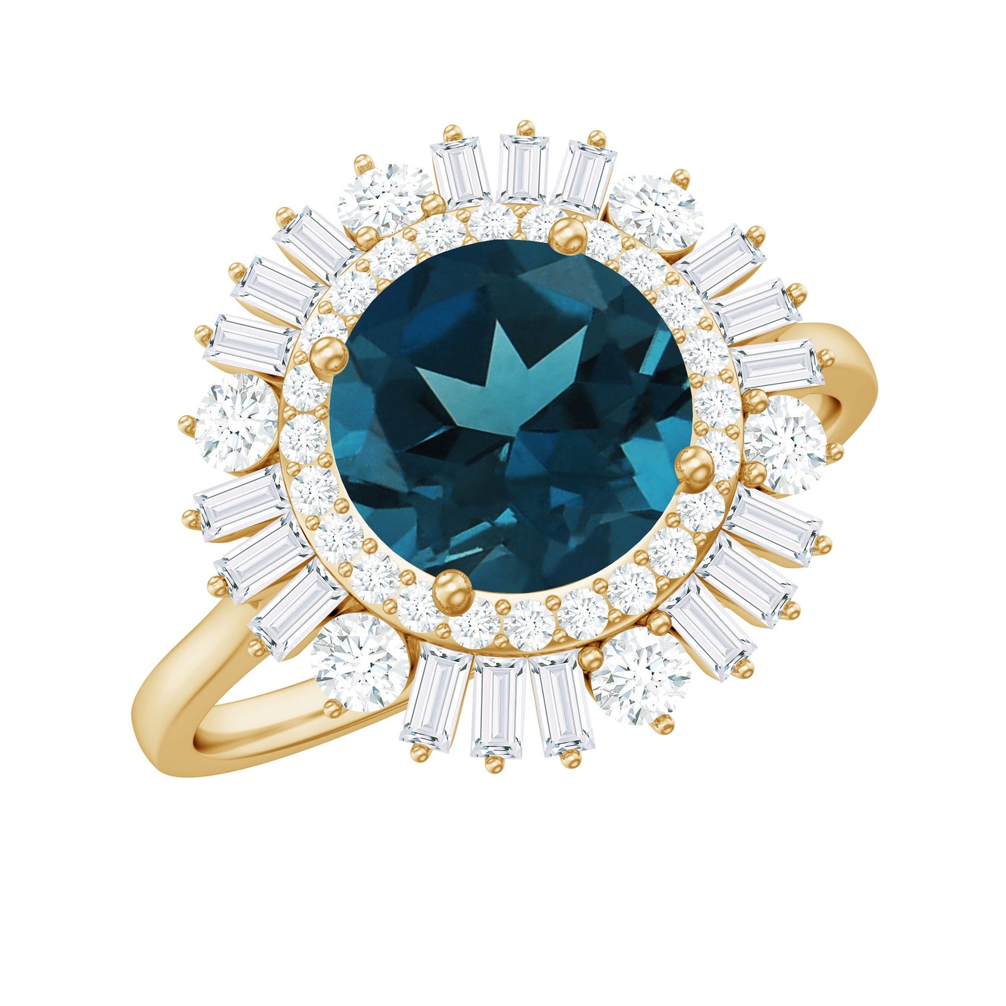 Round London Blue Topaz and Diamond Double Halo Cocktail Ring
