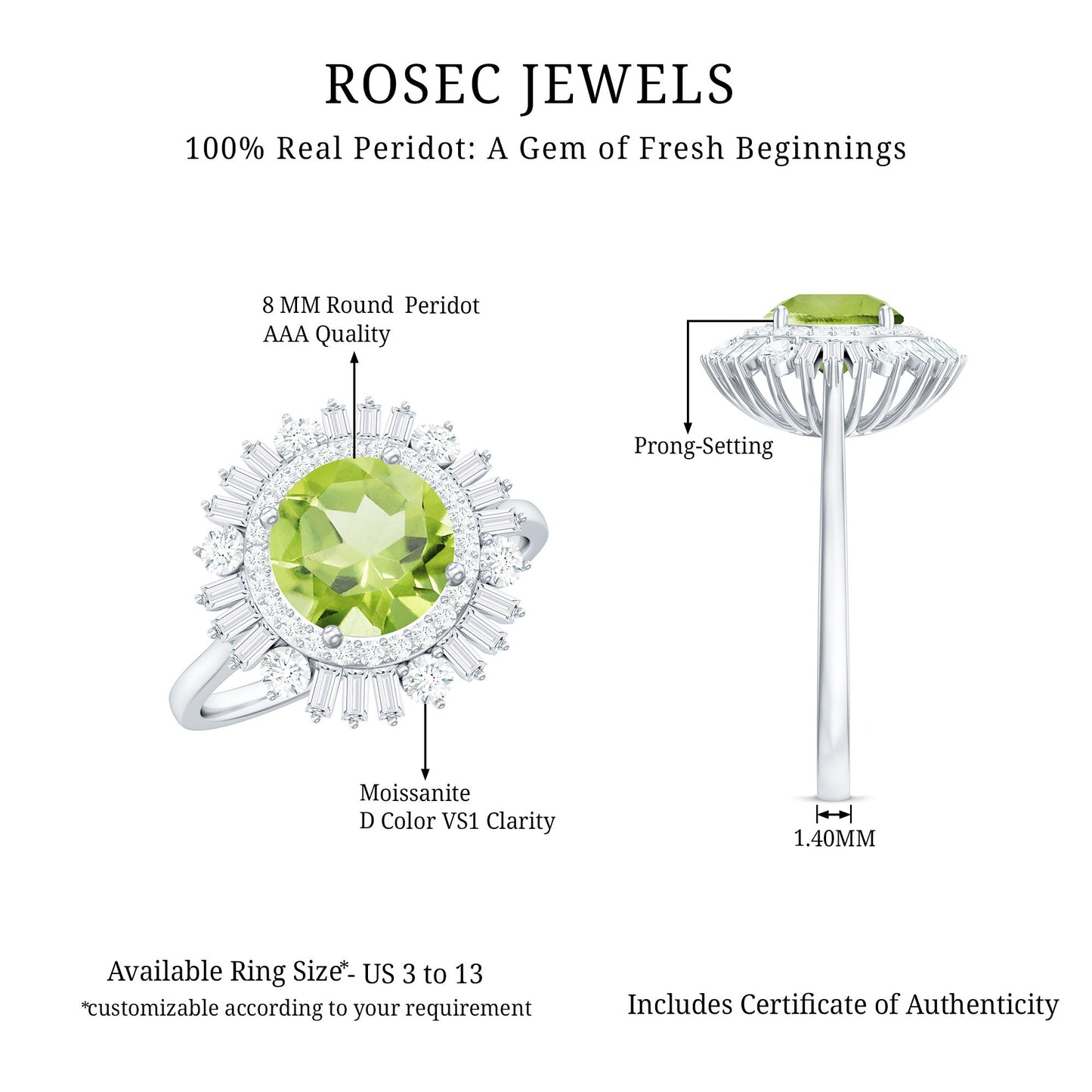 Certified Real 2 Carat Peridot Engagement Ring with Moissanite Double Halo