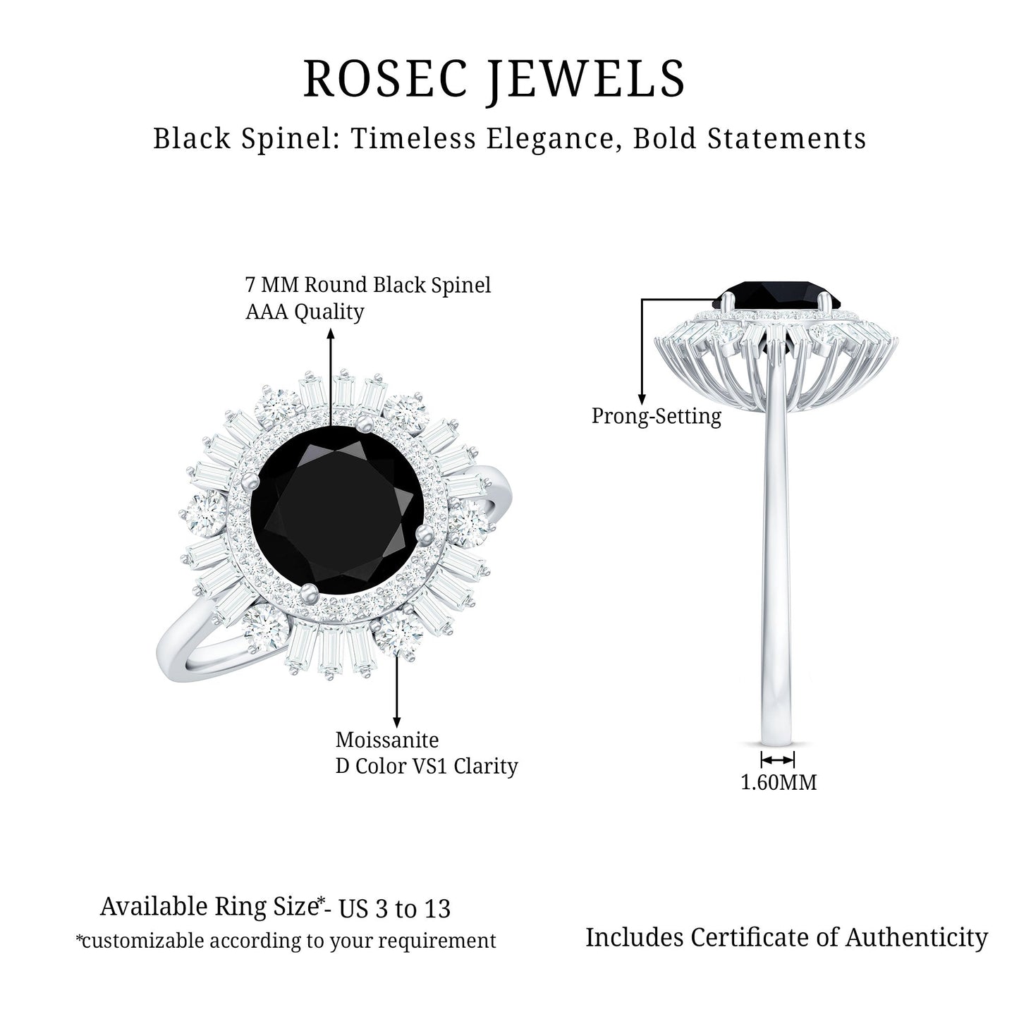 Natural 1.5 Carat Black Spinel Engagement Ring with Double Moissanite Halo