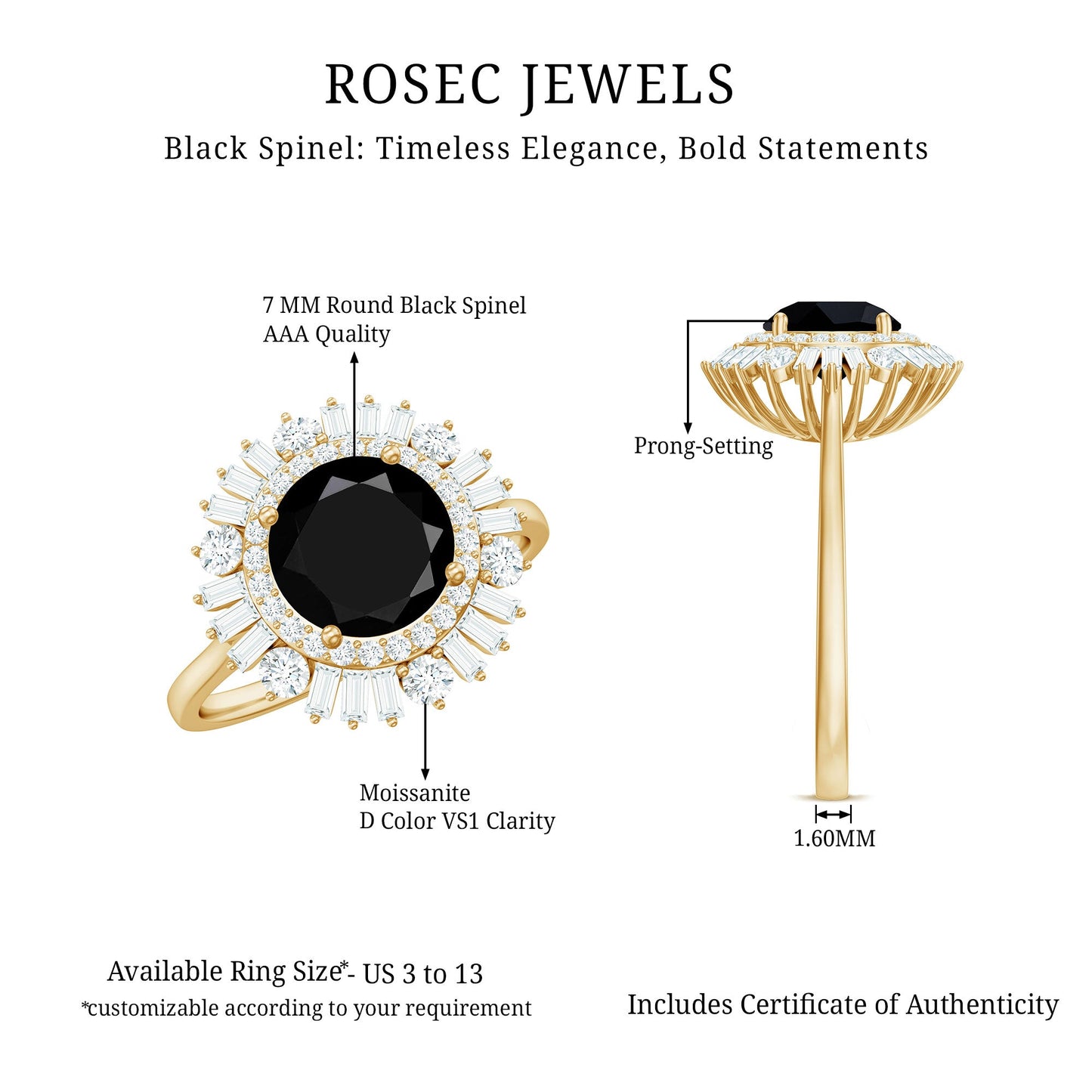 Natural 1.5 Carat Black Spinel Engagement Ring with Double Moissanite Halo
