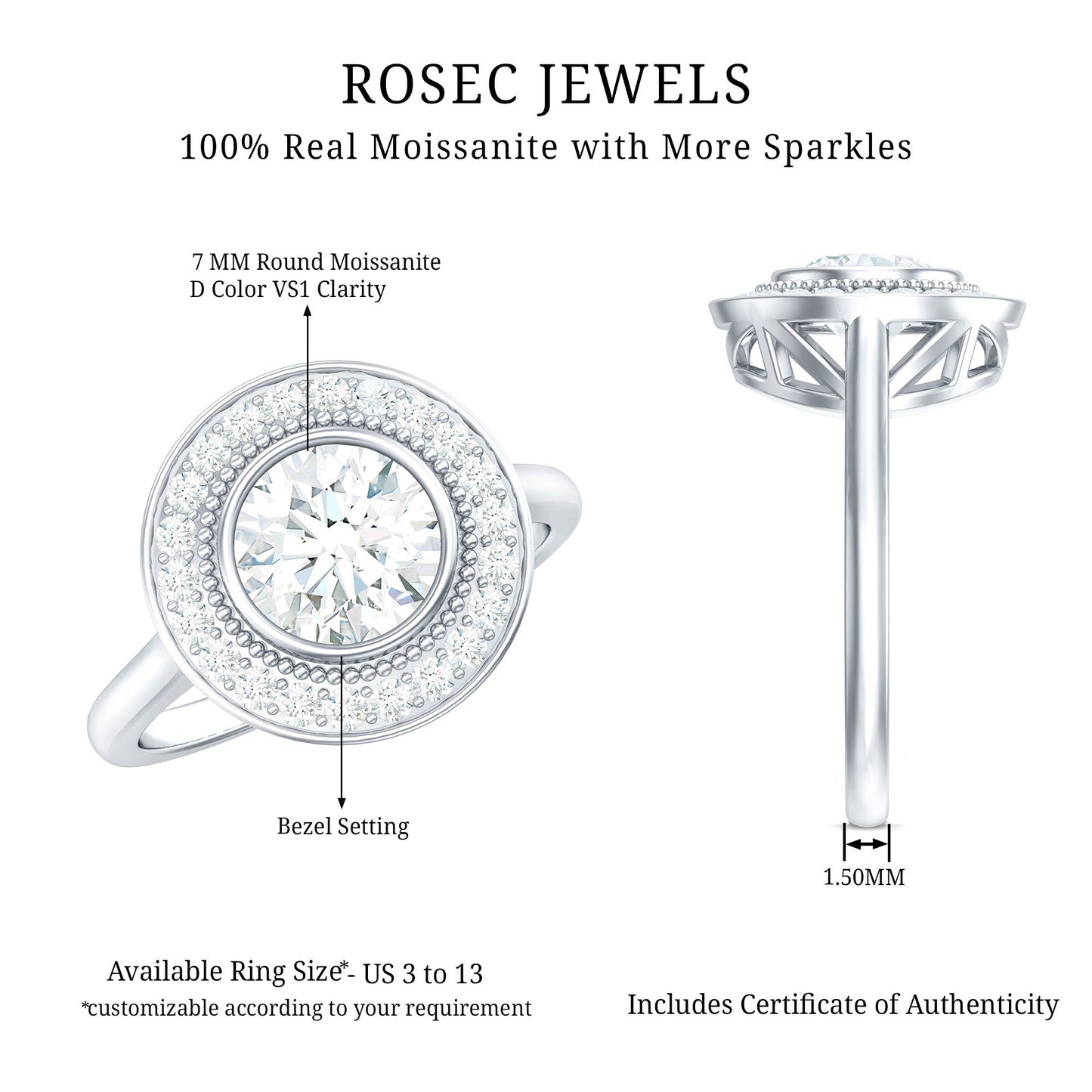 Vintage Inspired Round Moissanite Halo Engagement Ring with Certificate