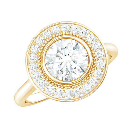 Vintage Inspired Round Moissanite Halo Engagement Ring with Certificate