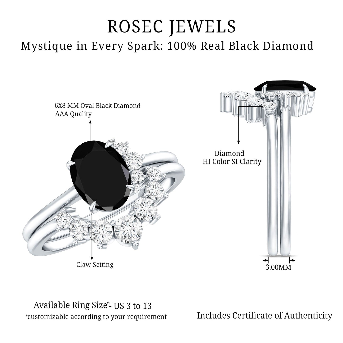 Created Black Diamond Oval Engagement Ring Set with Diamond