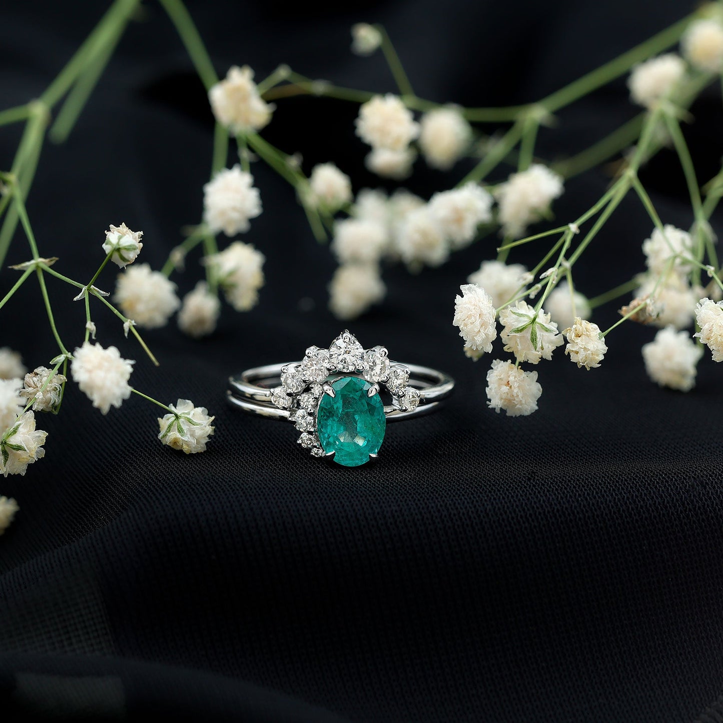 Natural Emerald Wedding Engagement Ring Set with Diamond