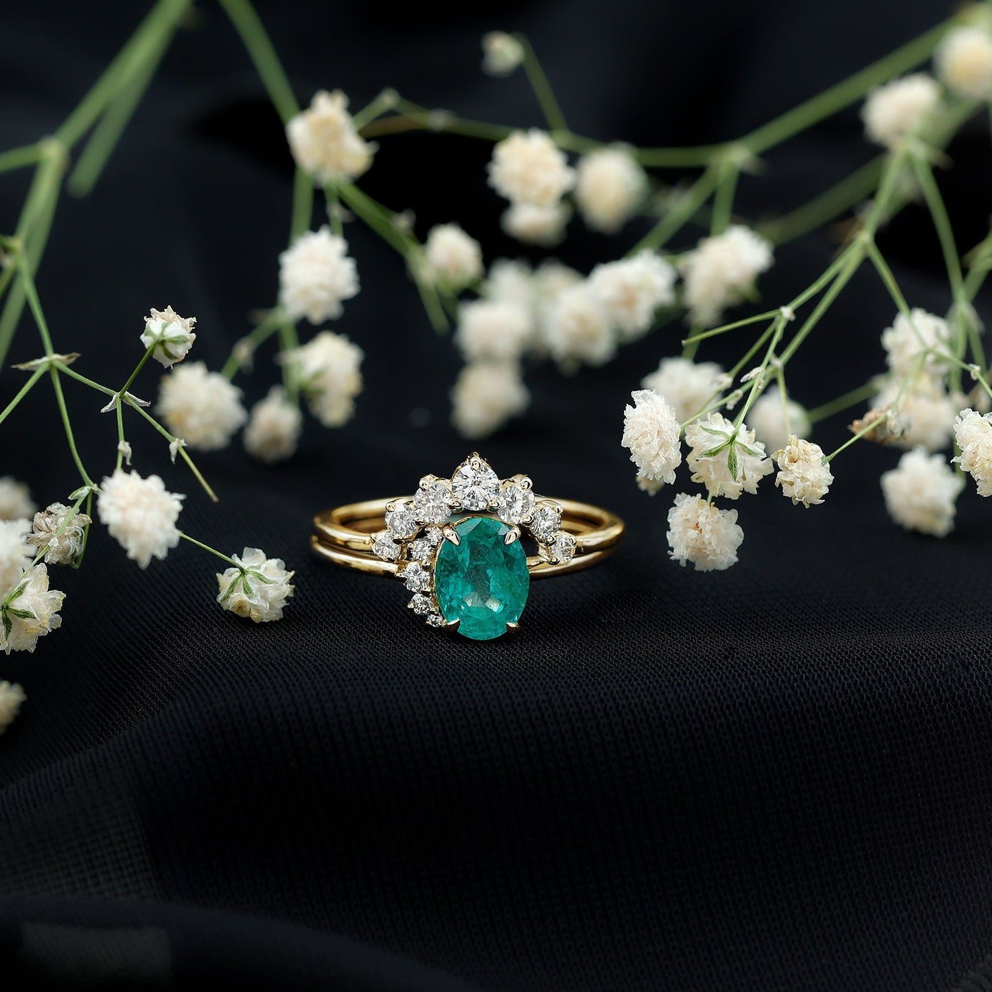 Natural Emerald Wedding Engagement Ring Set with Diamond