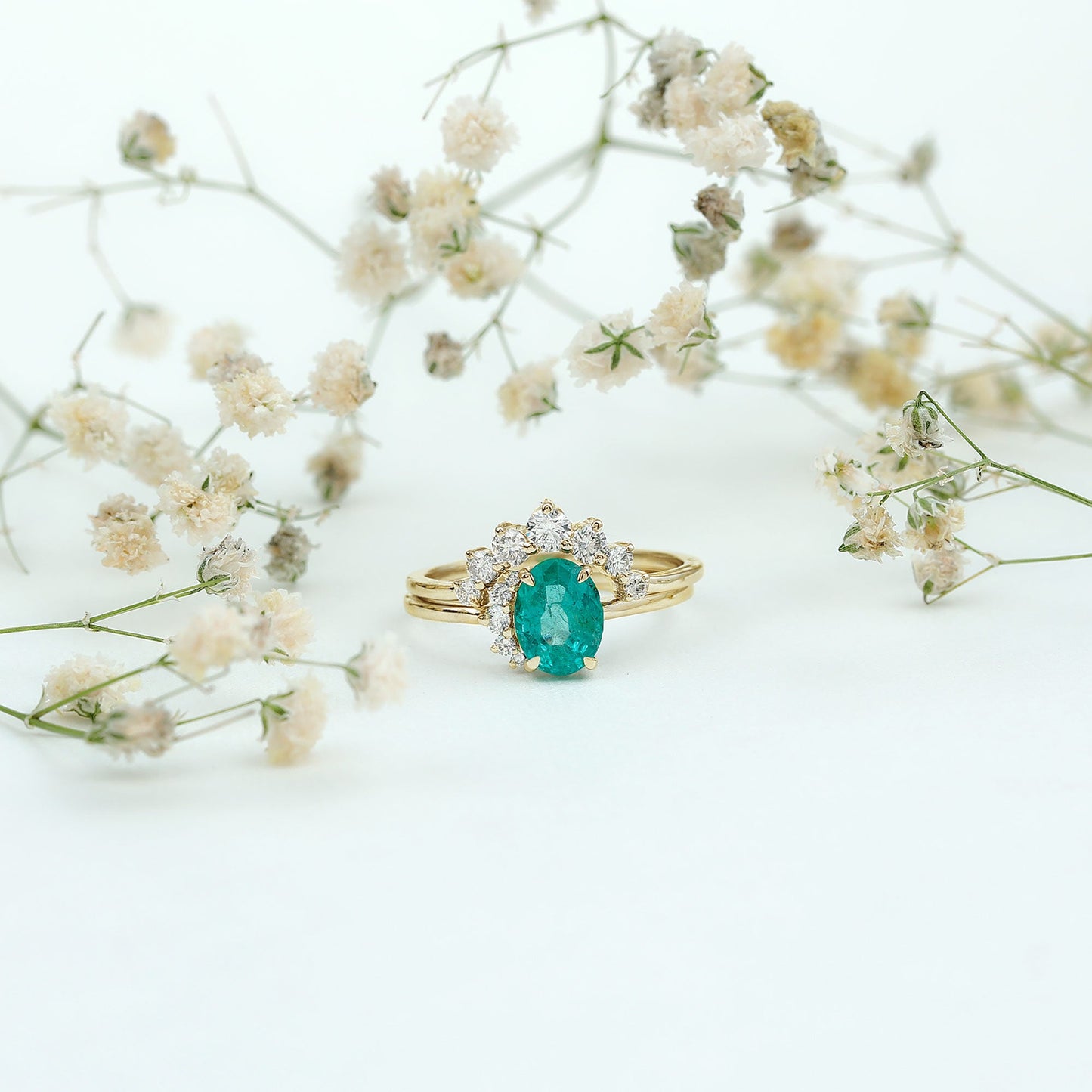 Natural Emerald Wedding Engagement Ring Set with Diamond