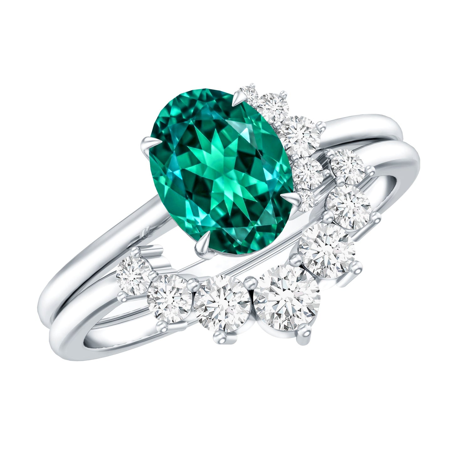 Designer Lab Grown Emerald Oval Engagement Ring with Diamond Enhancer