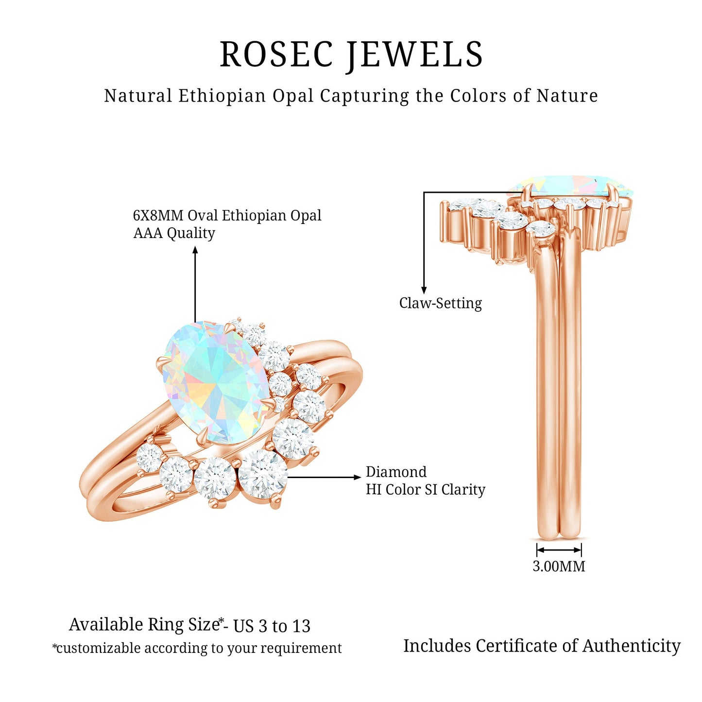 Real Ethiopian Opal Diamond Oval Engagement Ring and Wedding Band Set