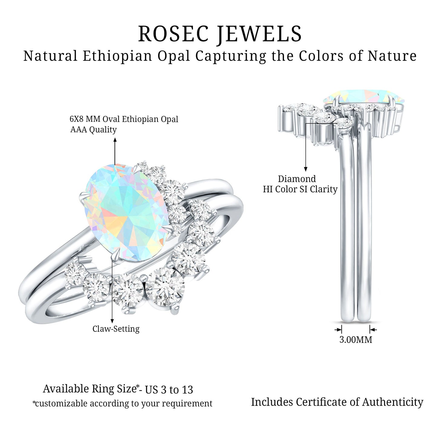 Real Ethiopian Opal Diamond Oval Engagement Ring and Wedding Band Set