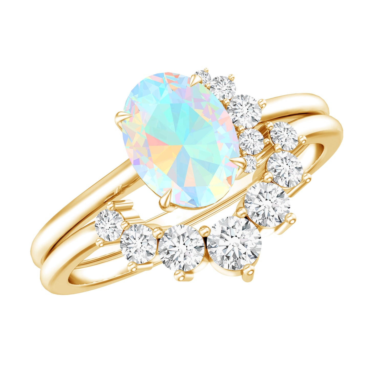 Real Ethiopian Opal Diamond Oval Engagement Ring and Wedding Band Set