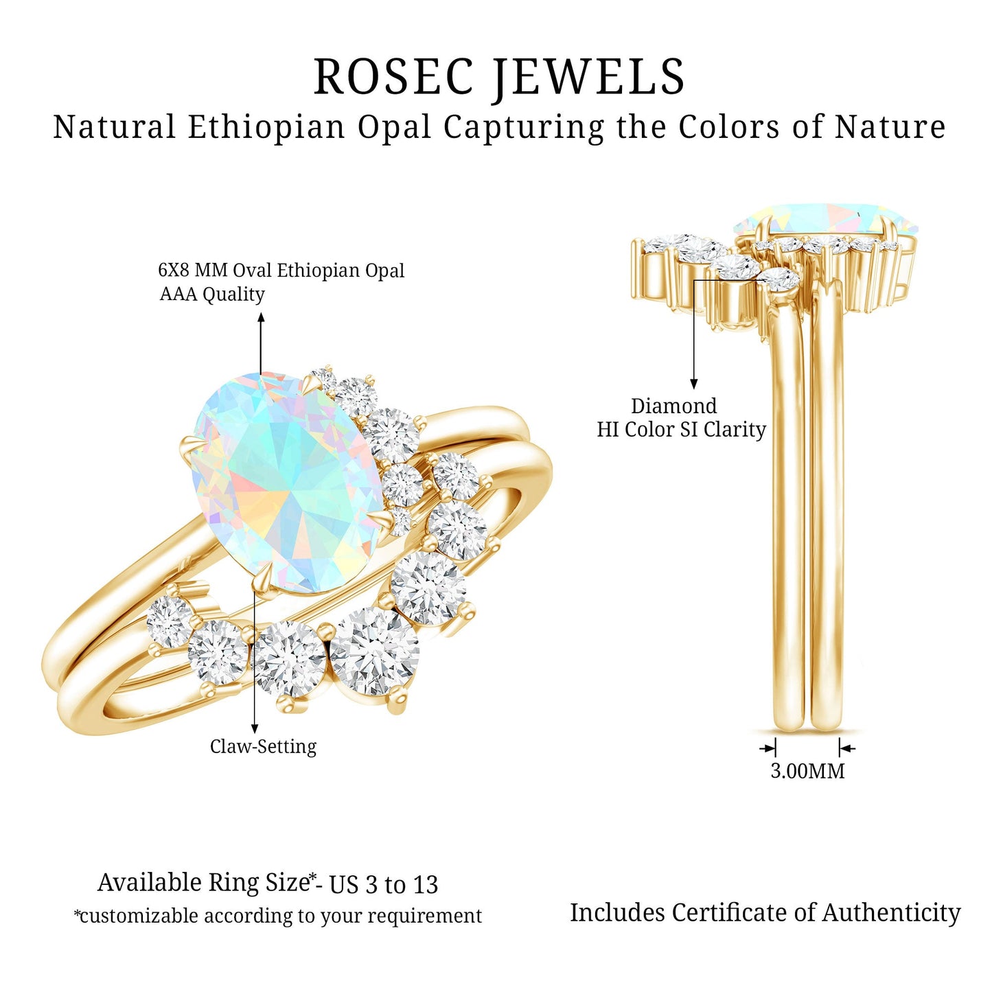 Real Ethiopian Opal Diamond Oval Engagement Ring and Wedding Band Set