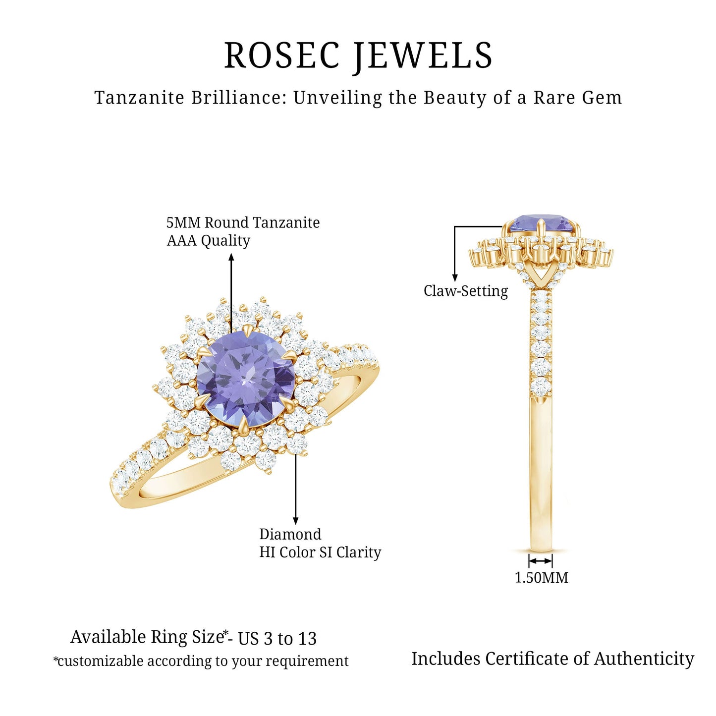 Natural Tanzanite Diamond Engagement Ring with Double Halo