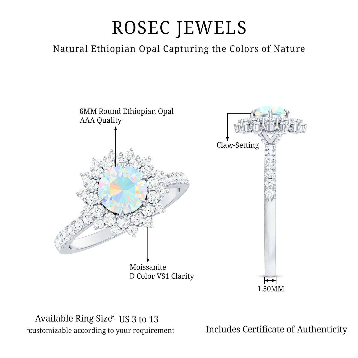 Natural Opalescent Circle Engagement Ring with Double Halo