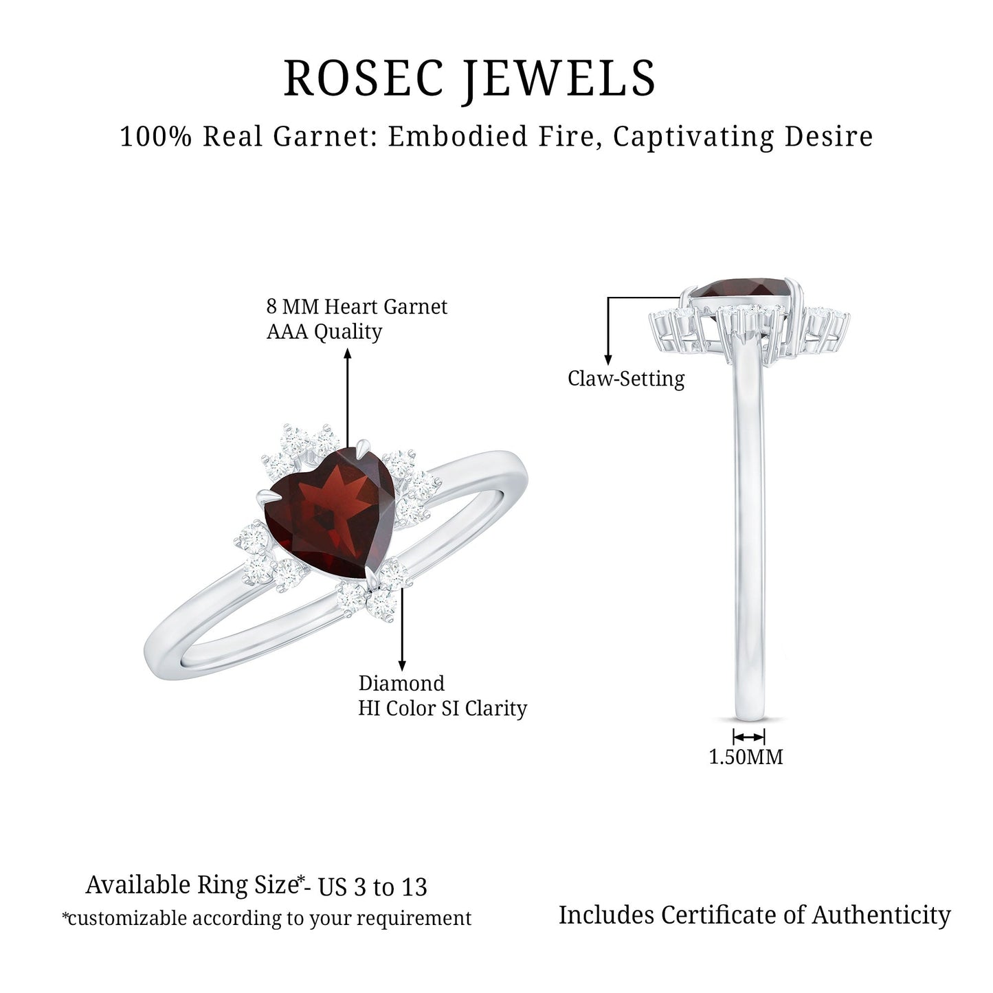 Certified Real Garnet Heart Engagement Ring with Diamond