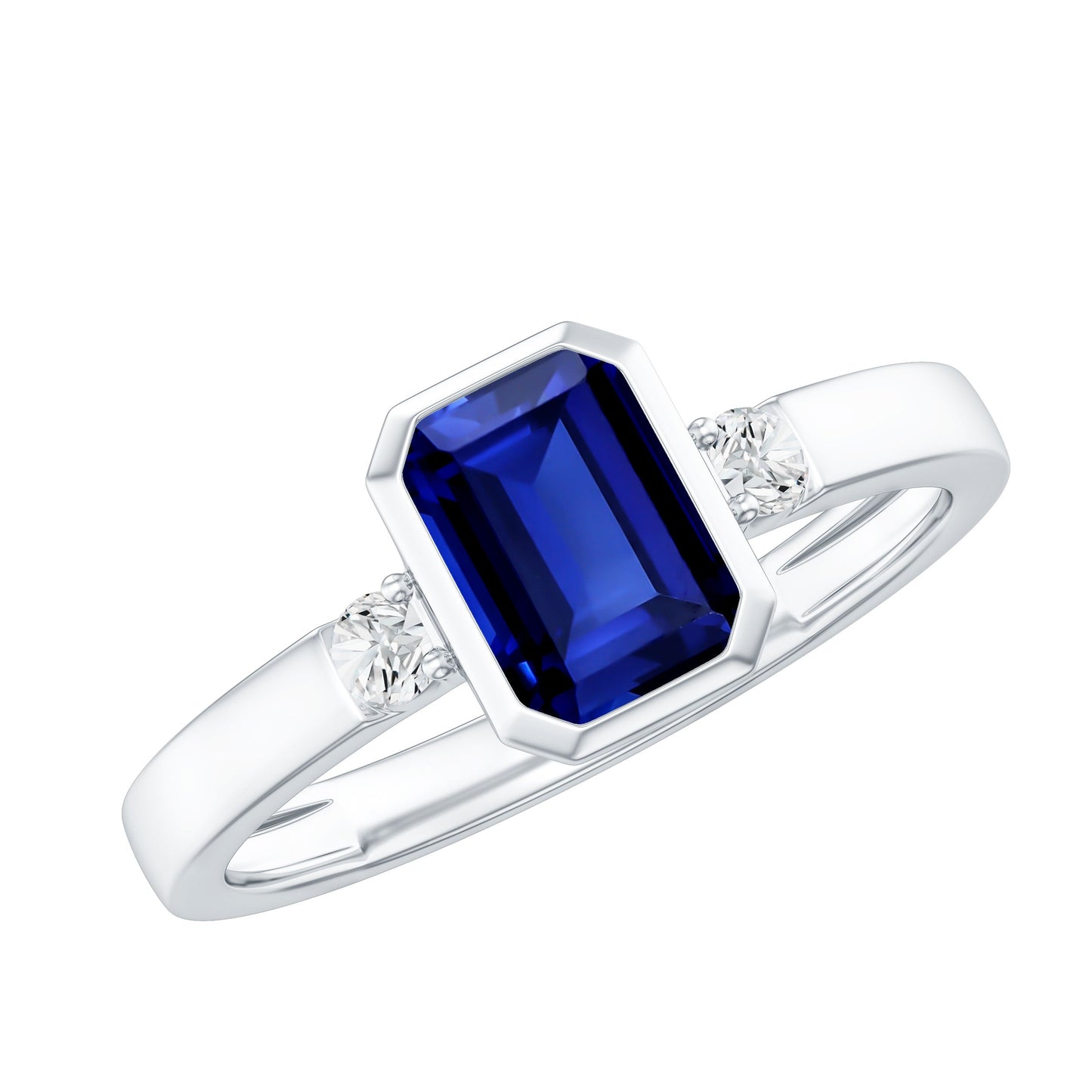 Bezel Set 1.75 Carat Lab Grown Blue Sapphire Emerald Cut Engagement Ring with Diamond