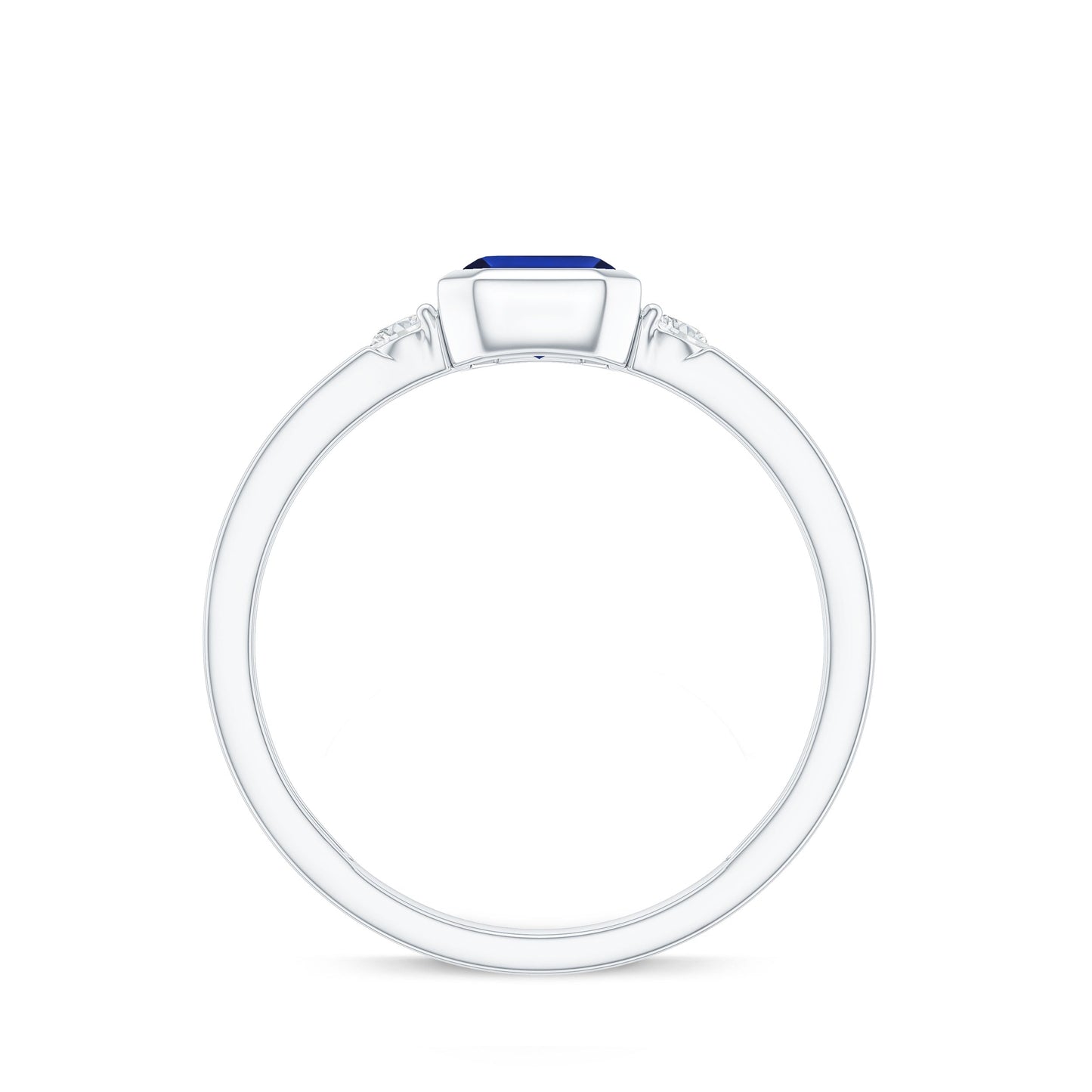 Bezel Set 1.75 Carat Lab Grown Blue Sapphire Emerald Cut Engagement Ring with Diamond