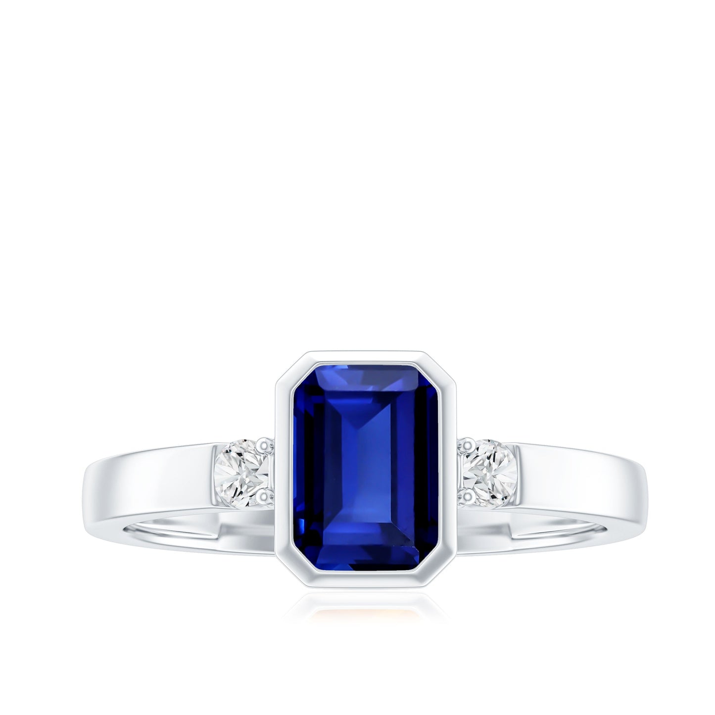 Bezel Set 1.75 Carat Lab Grown Blue Sapphire Emerald Cut Engagement Ring with Diamond