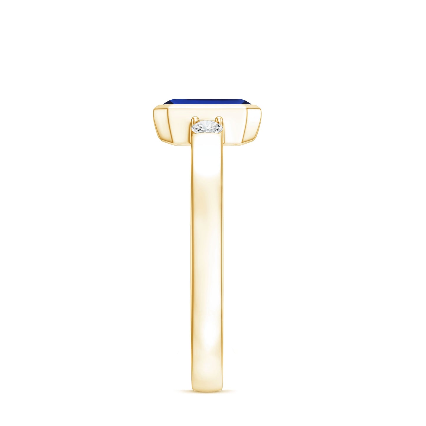 Bezel Set 1.75 Carat Lab Grown Blue Sapphire Emerald Cut Engagement Ring with Diamond