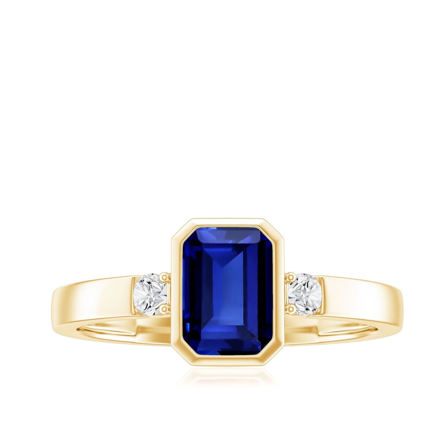 Bezel Set 1.75 Carat Lab Grown Blue Sapphire Emerald Cut Engagement Ring with Diamond