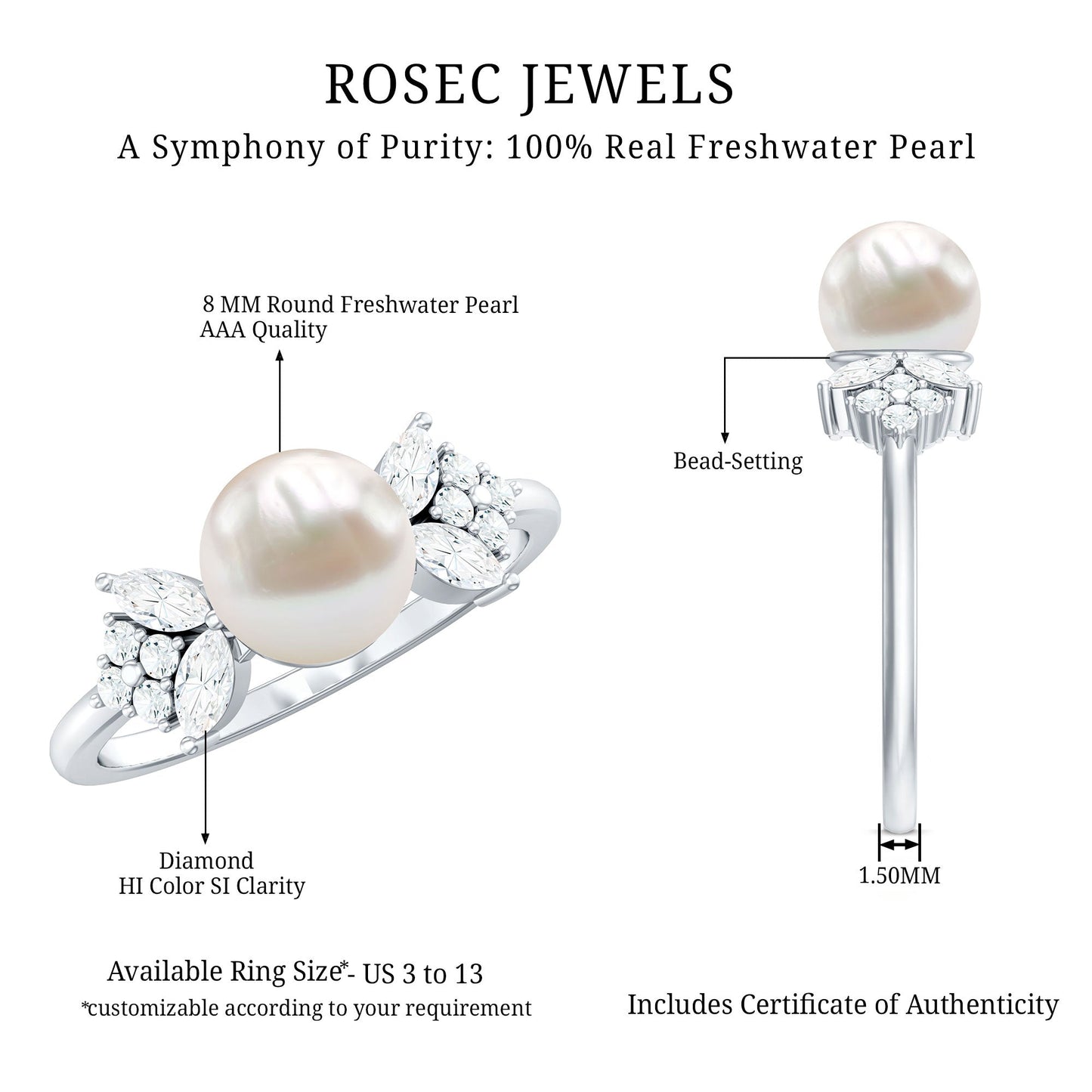 Nature Inspired 7.48 Carat Freshwater Pearl Engagement Ring with Diamond